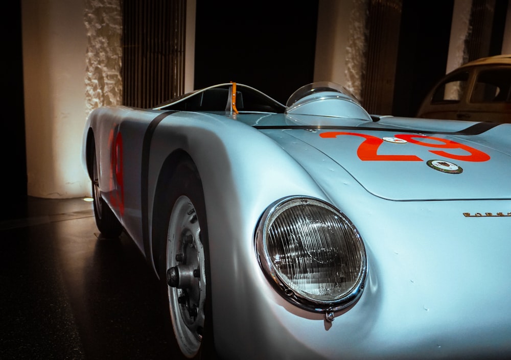 a blue and white sports car