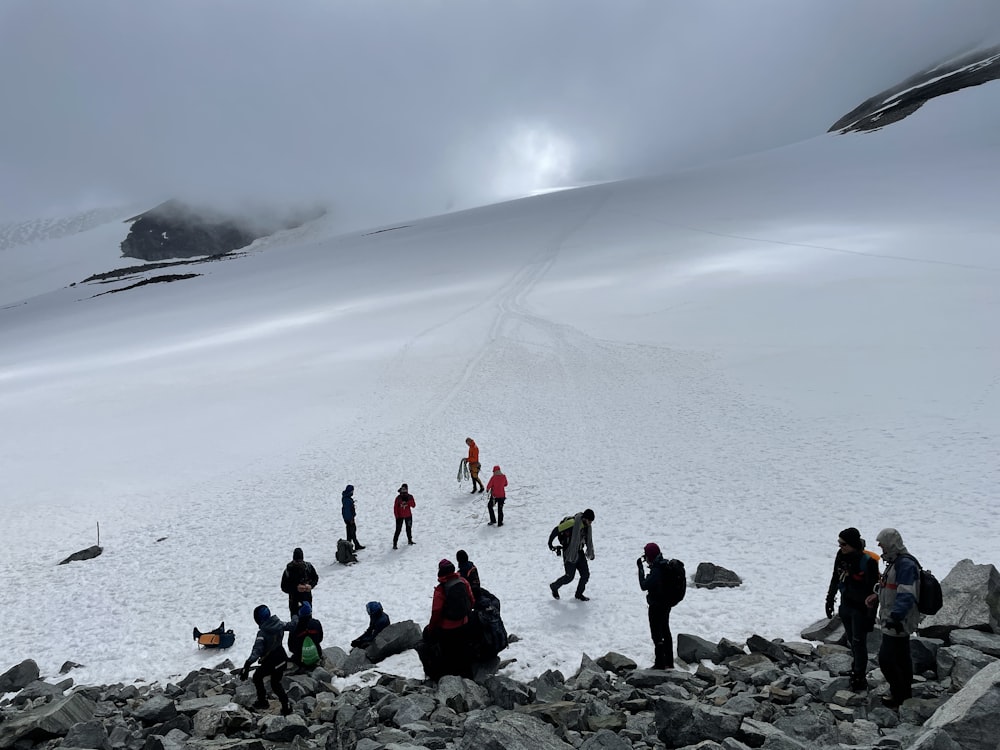 a group of people on a snowy mountain