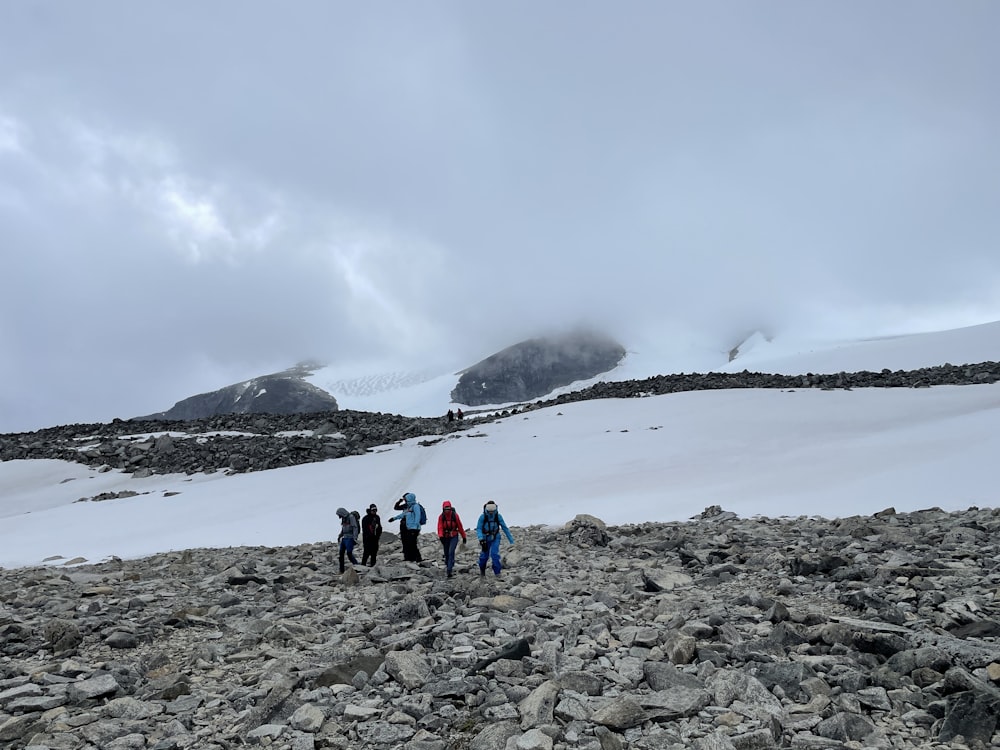 a group of people walking on a rocky beach