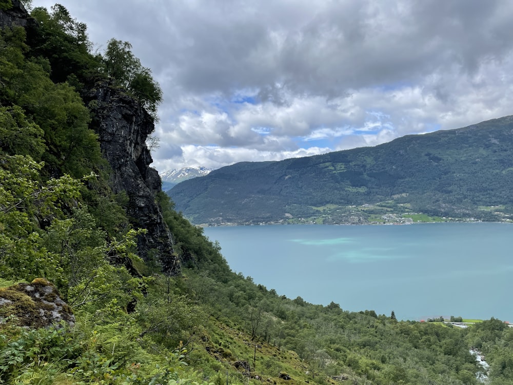 Ein Gewässer, umgeben von Bäumen und Bergen