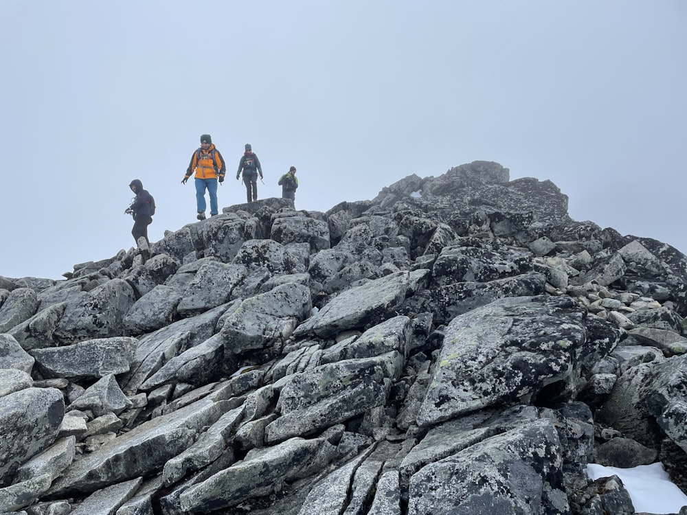 a group of people walking on a rocky hill