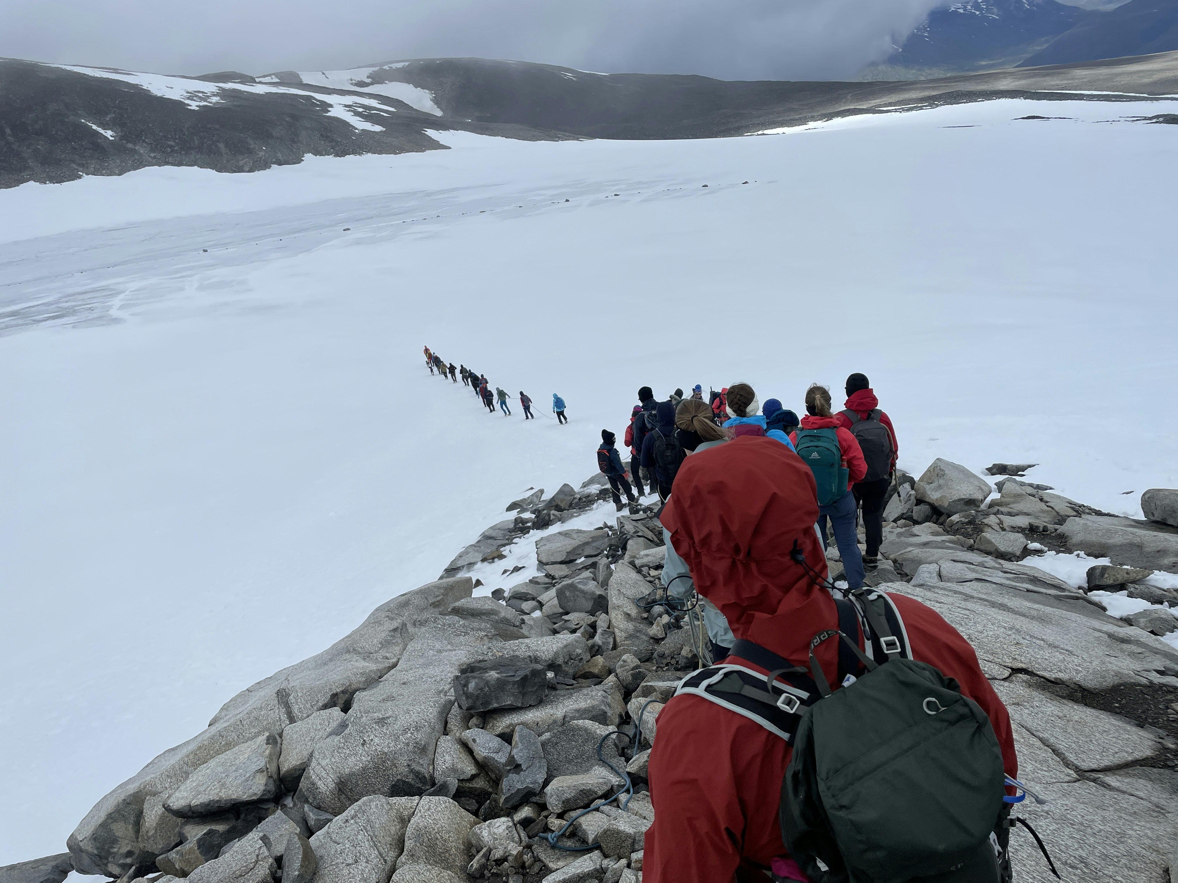 Hiking down Galdhøpiggen, Scandinavia's tallest mountain. Starting on the glacier section.