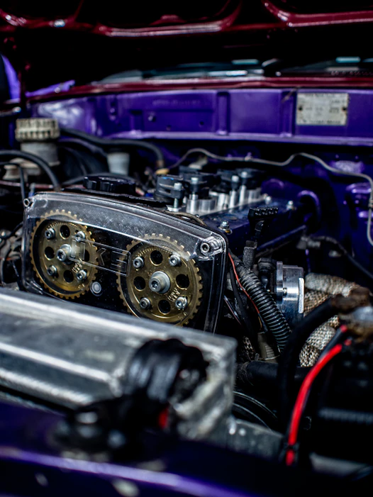 a car engine with its hood open