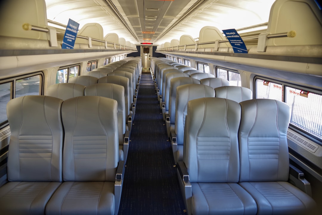 the inside of a train, Interior of Amtrak coach service.