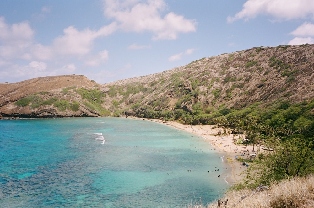 a beach with a sandy beach and hills in the background with Hanauma Bay in the background