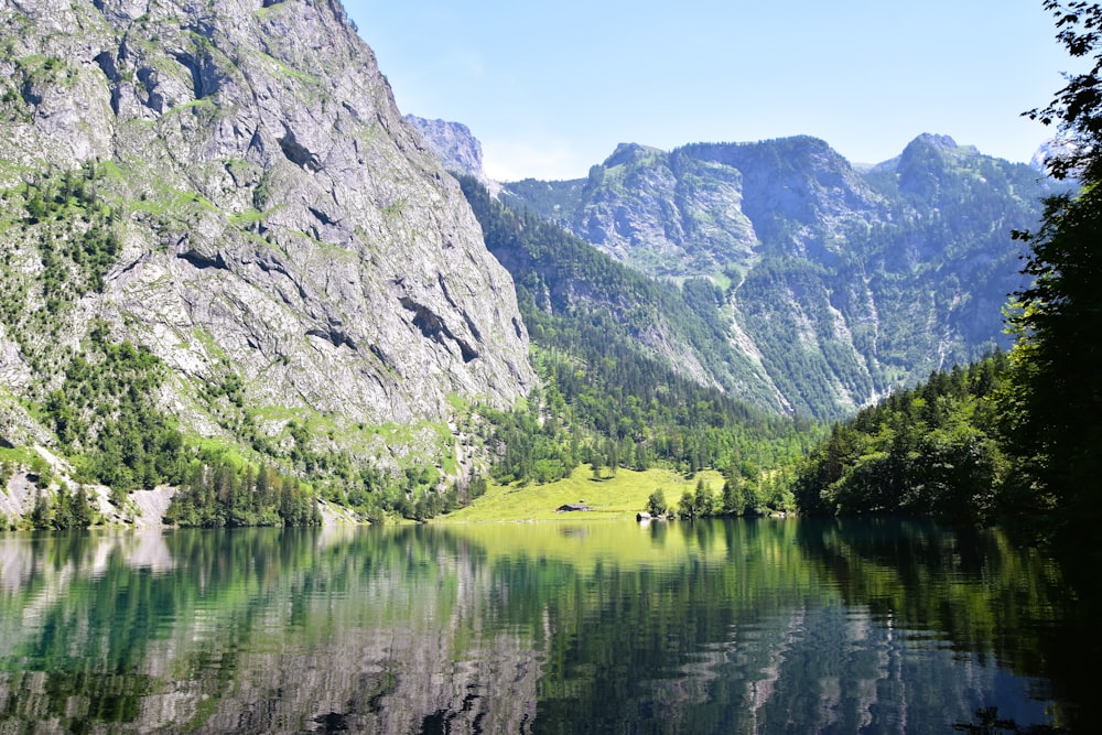 a lake with mountains in the background