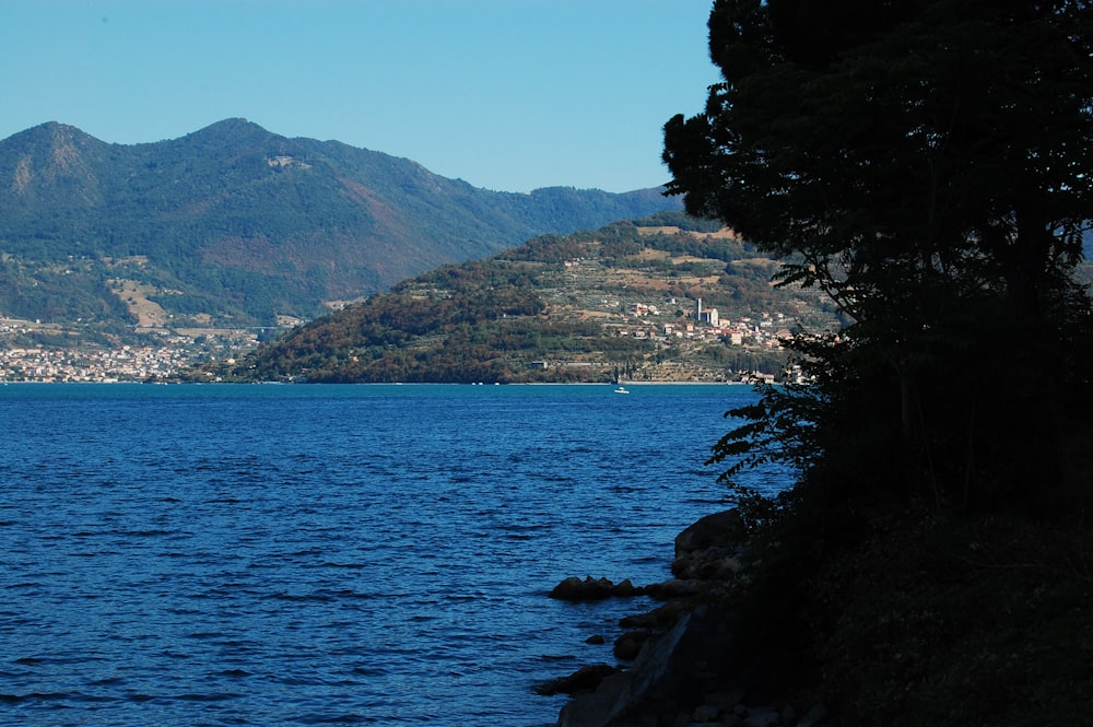 a body of water with a city in the distance