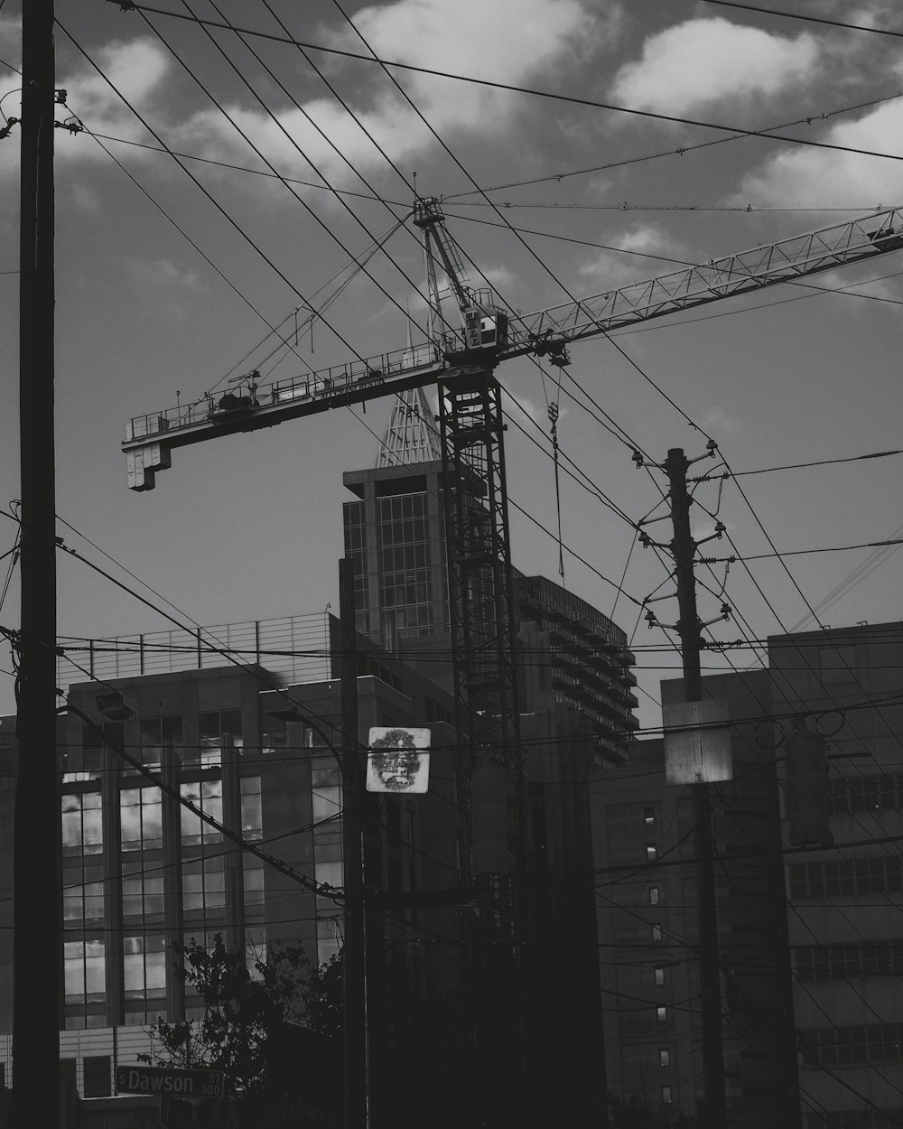 a power line with buildings