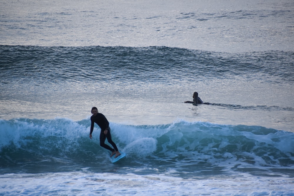 a couple of people surfing in the sea