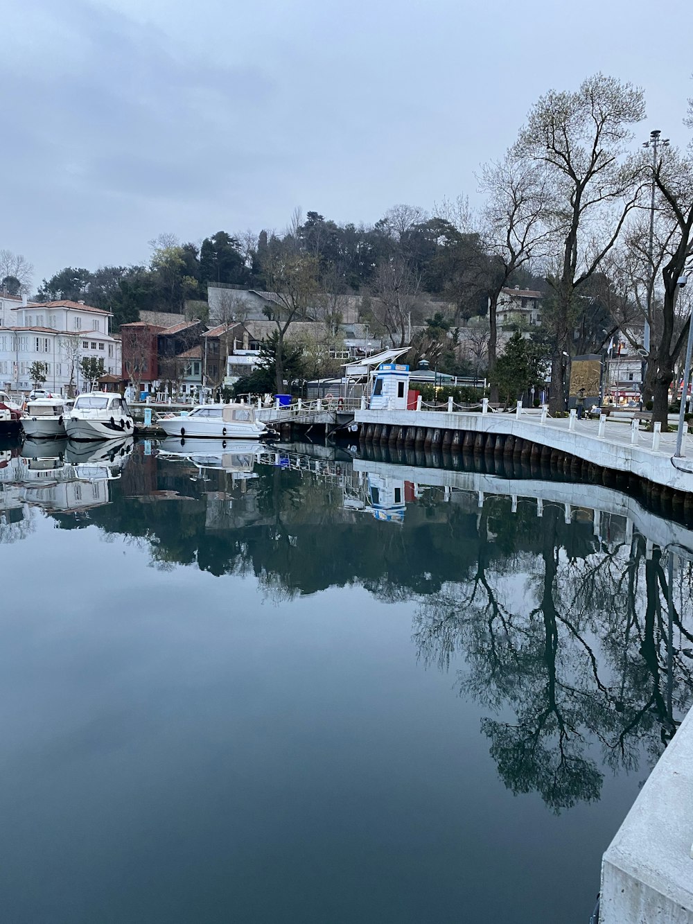 a body of water with boats and buildings along it