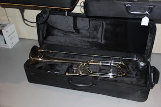 A brass trombone is laid out in a black, padded carrying case. The instrument, polished and shiny, takes up the entire length of the case. The interior of the case is lined with a soft material to protect the instrument. Other cases and a small box are visible in the background.