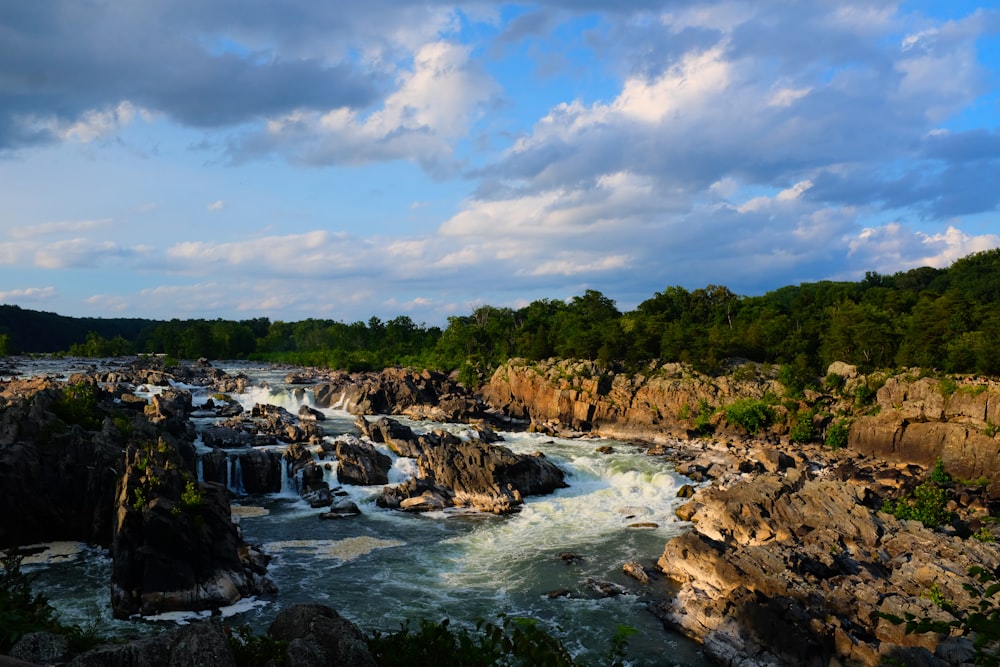 Ein Fluss mit Felsen und Bäumen