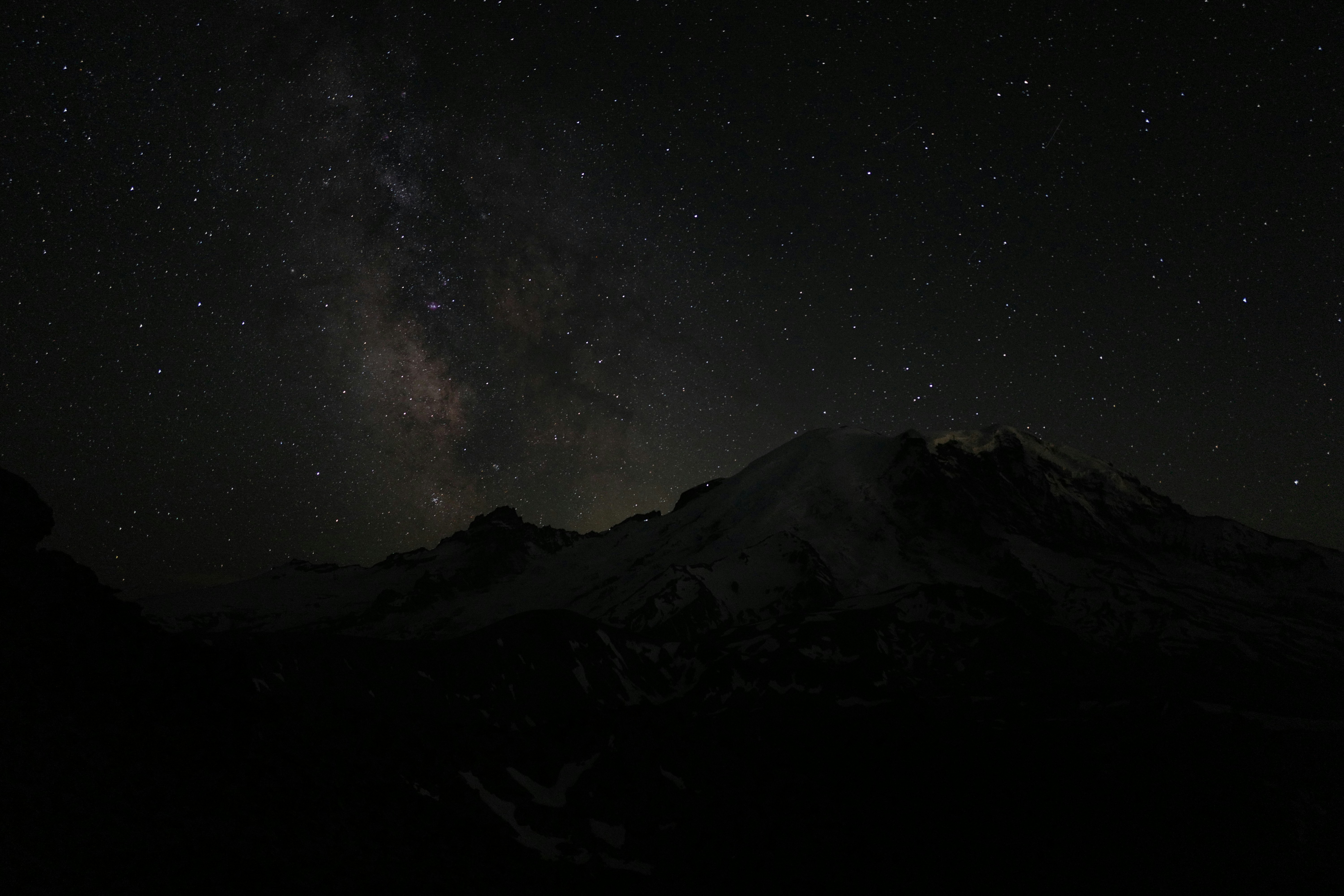 Photographie nocturne panoramique d'une montagne enneigée sous un ciel étoilé