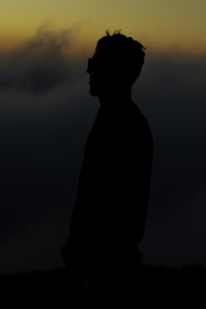 A silhouette of a person standing against a backdrop of a dusky sky, with subtle gradients of sunset colors ranging from orange to dark blue. The image gives a sense of calm and introspection.