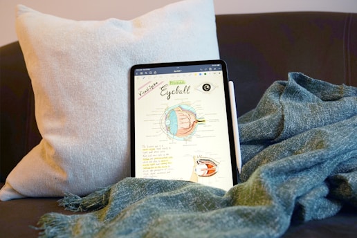 A tablet displaying an educational diagram of a human eyeball resting on a dark sofa with a light cushion behind it. A blue-green textured blanket is draped around the tablet, and a white stylus is placed beside it.