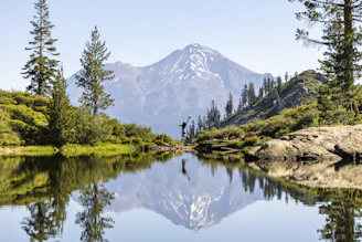 a lake with trees and mountains in the background