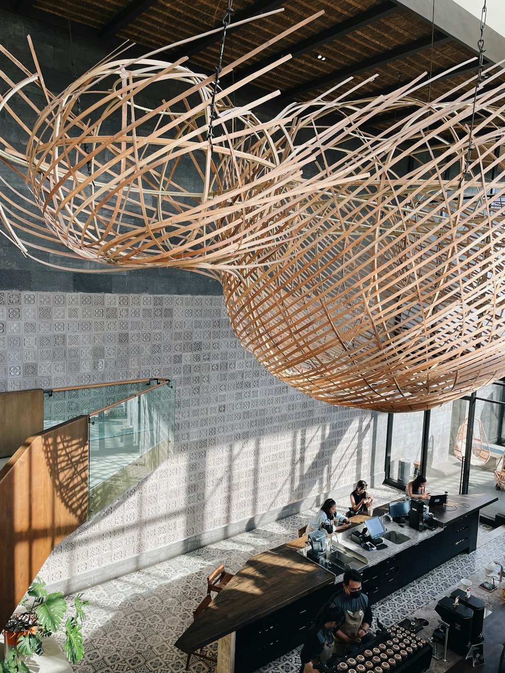 a group of people working in an office