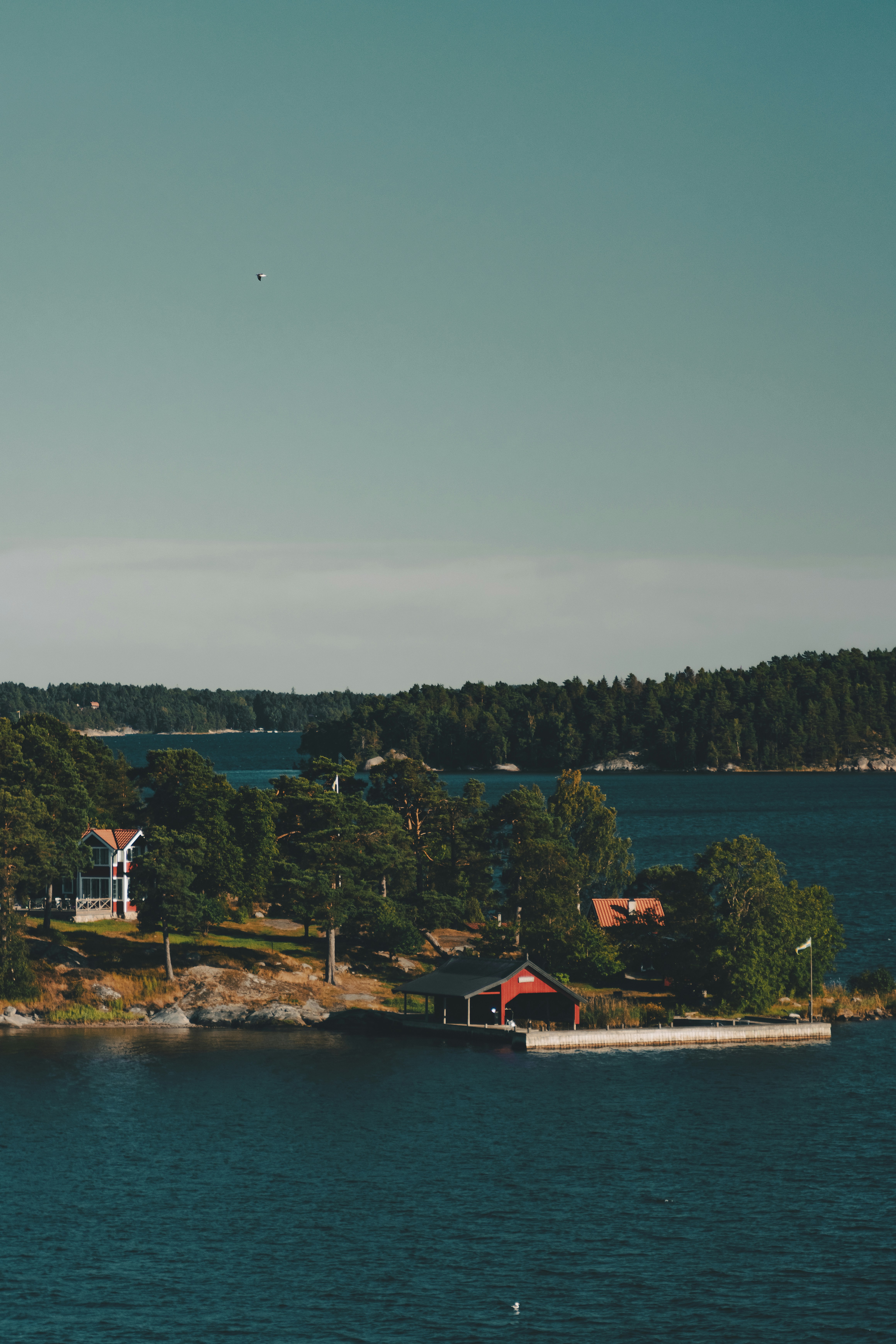 a body of water with a house and trees around it