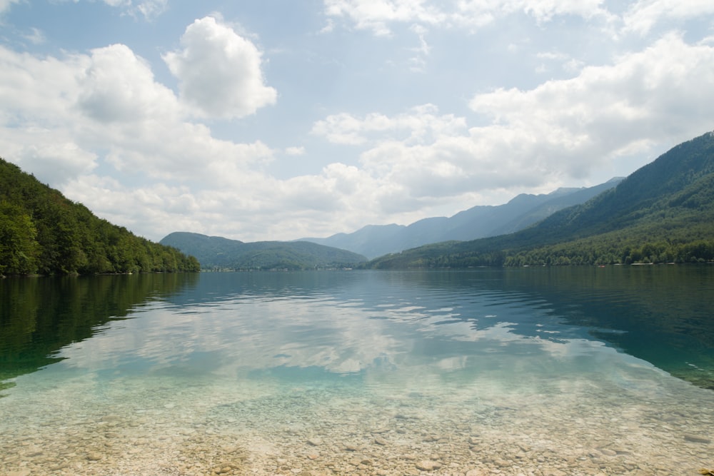 a lake with mountains in the background