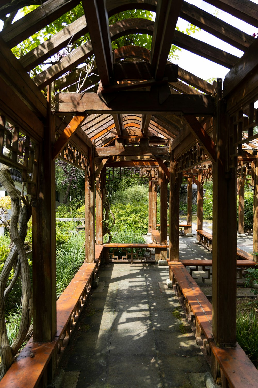 a wooden covered walkway
