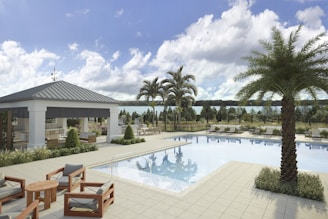 a pool with a building in the background