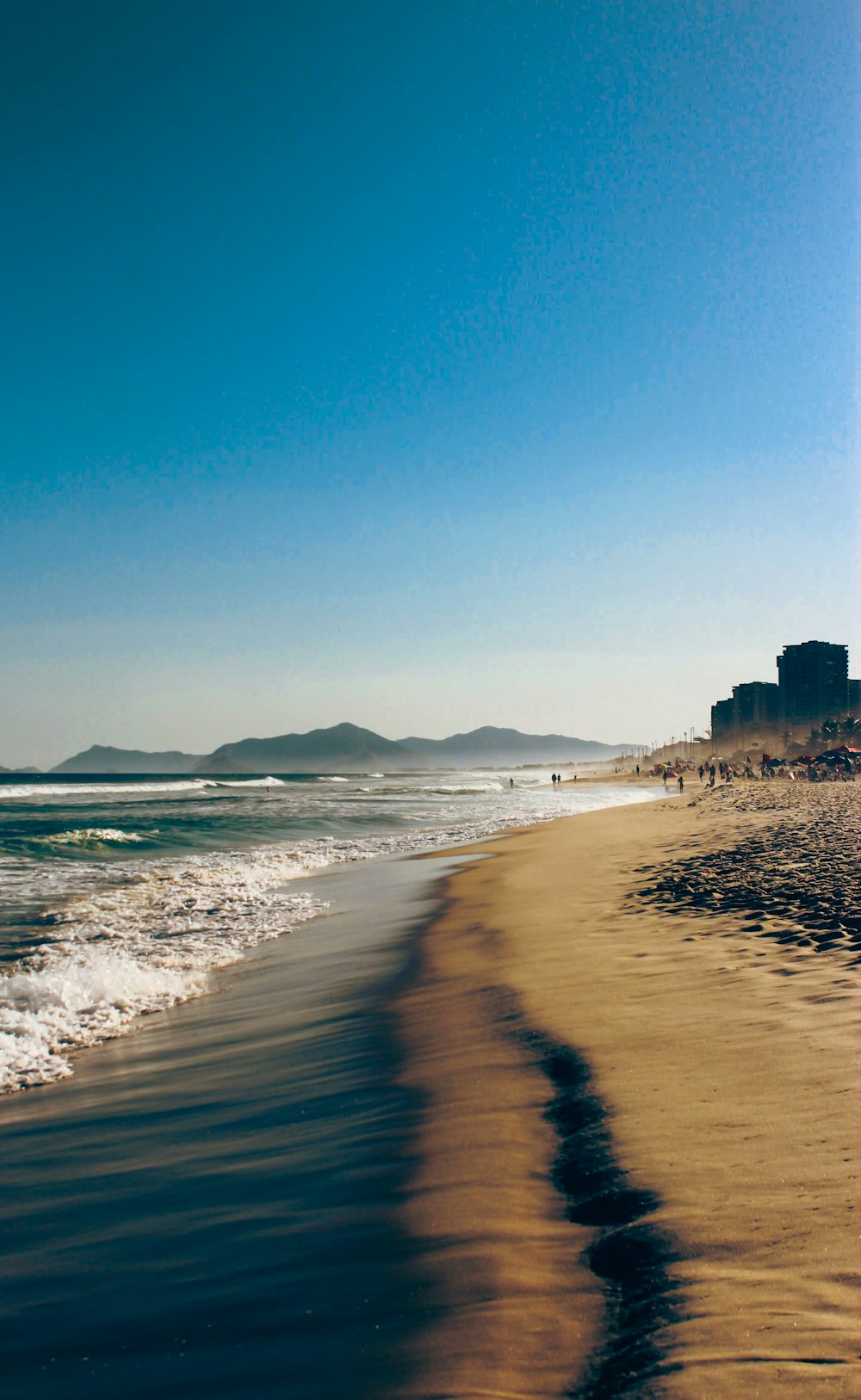 a group of people walking on a beach