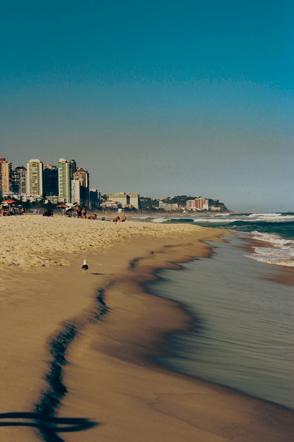 a beach with buildings in the background