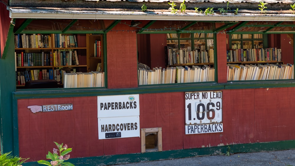 a red building with signs