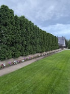 A neatly manicured green lawn stretches in the foreground, bordered by a path and a floral arrangement of colorful flowers. Behind the path, there is a dense line of tall, lush coniferous trees creating a natural fence. In the distance, a modern-looking house with a grey roof sits against a cloudy sky.