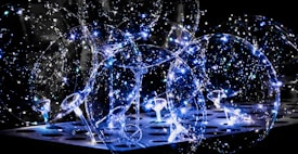 Transparent balloons filled with tiny, twinkling LED lights create a mesmerizing and festive atmosphere. The illuminated strands of lights inside the balloons give a magical and ethereal effect against a dark background.