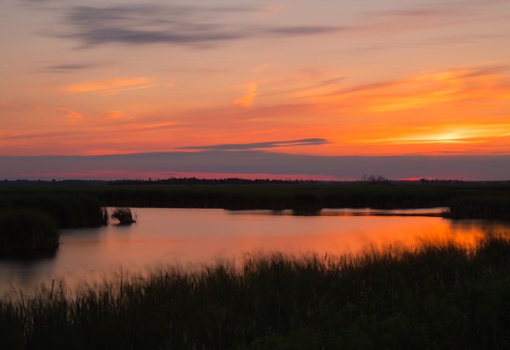 a body of water with trees and a sunset in the background