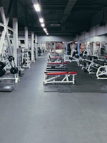 A spacious gym environment with various workout equipment neatly organized and aligned. The gym is empty, and there are several benches with red padding, weight racks, and gym machines. The floor is covered with rubber mats, and the lighting is bright, highlighting the equipment.
