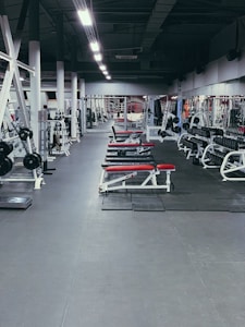 A spacious gym environment with various workout equipment neatly organized and aligned. The gym is empty, and there are several benches with red padding, weight racks, and gym machines. The floor is covered with rubber mats, and the lighting is bright, highlighting the equipment.