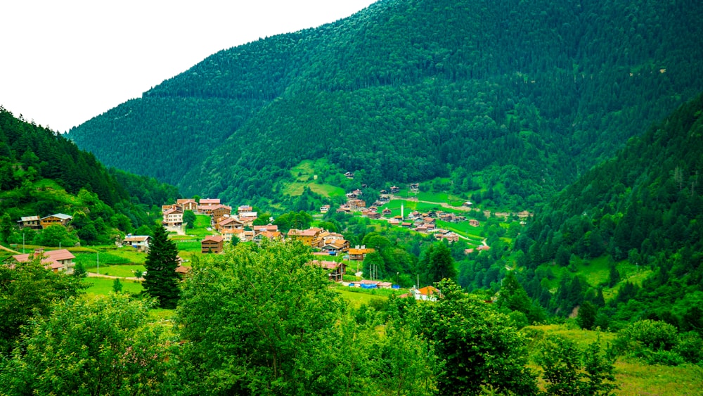 a town in the valley between mountains