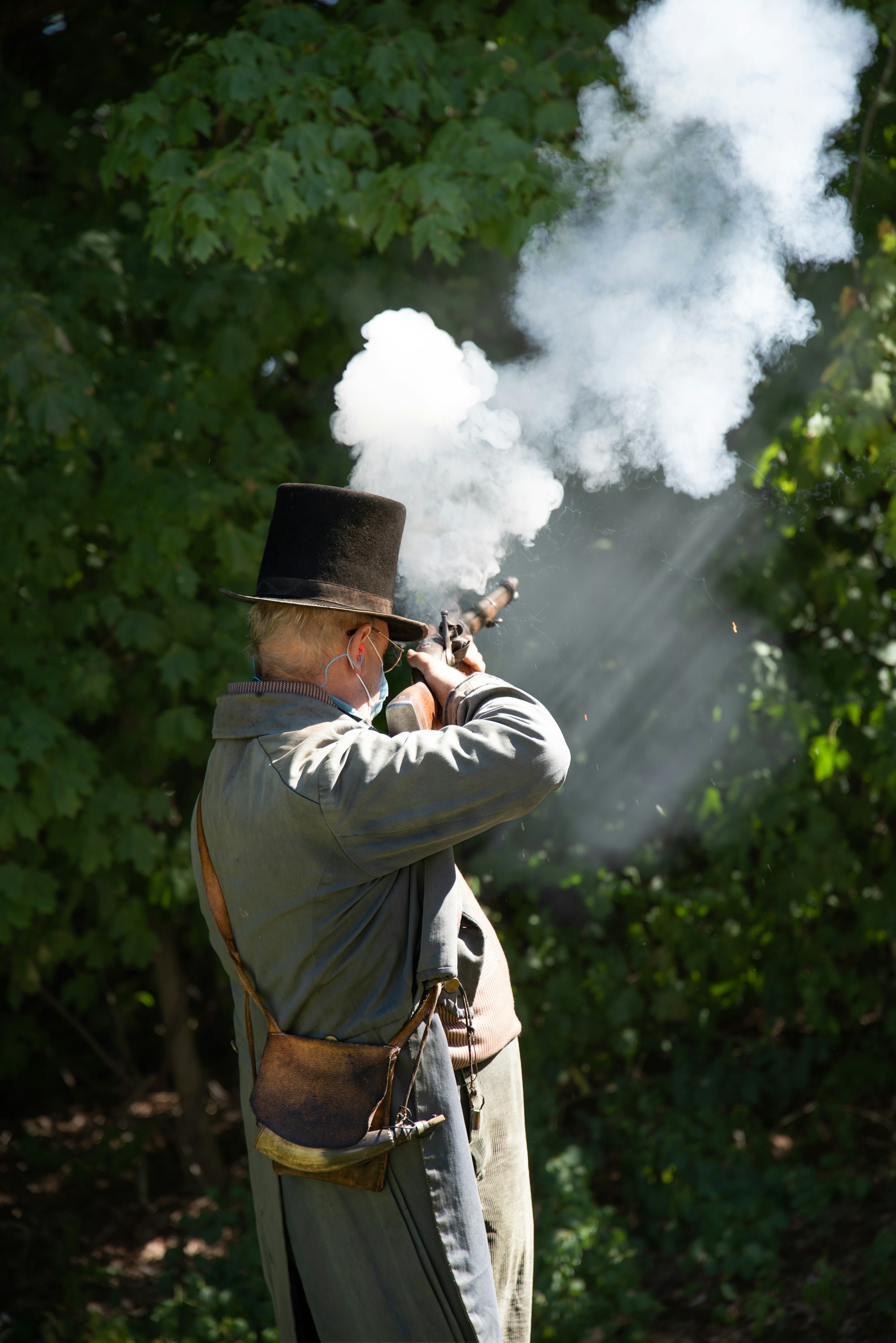 Musket firing demonstration at Old Sturbridge Village, Sturbridge, Massachusetts, USA.