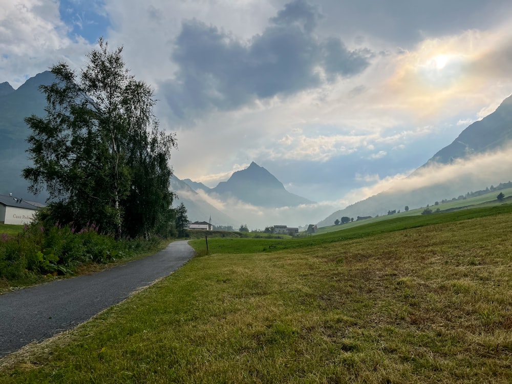 a road with grass and trees on the side and mountains in the background