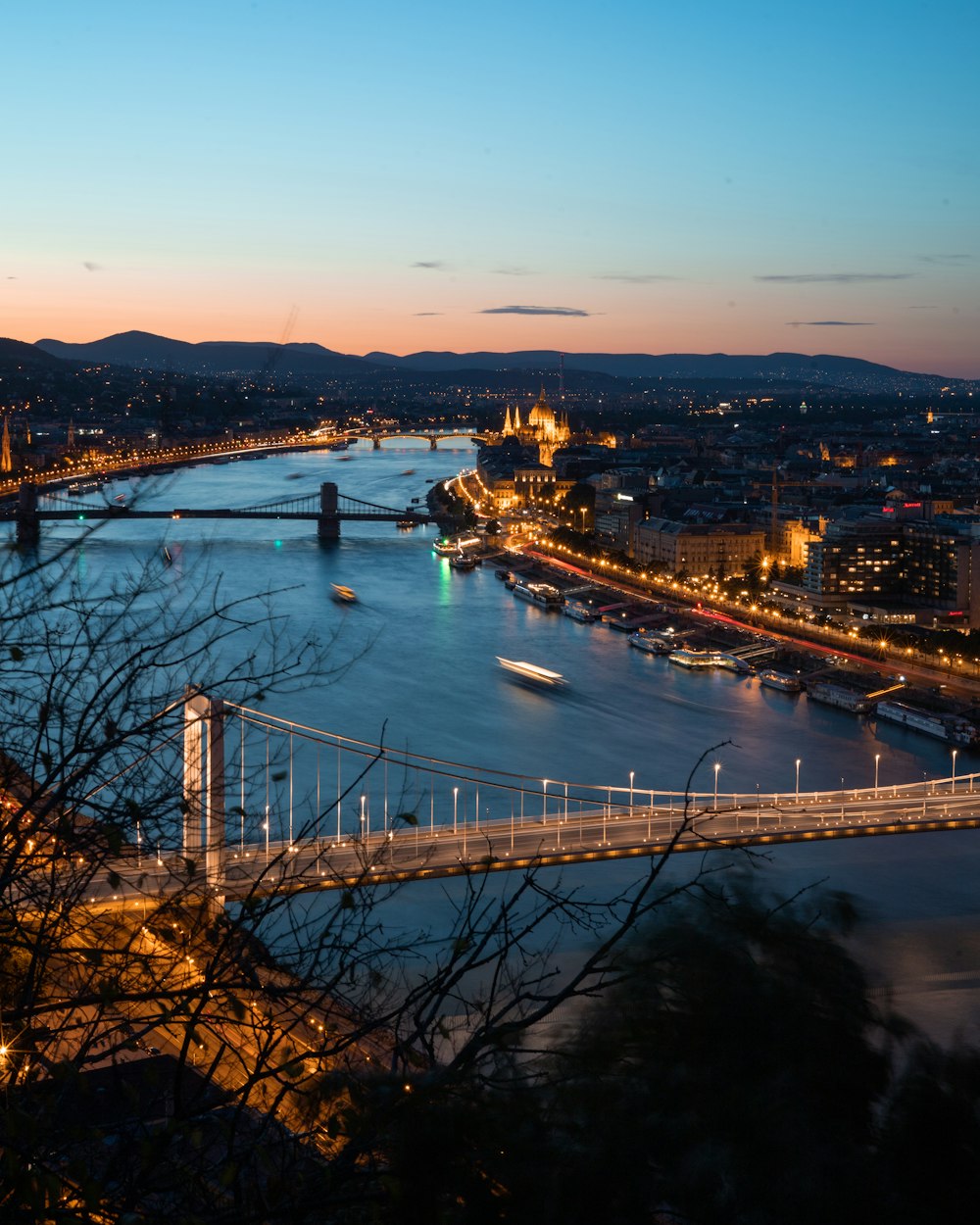 a bridge over a river with a city in the background