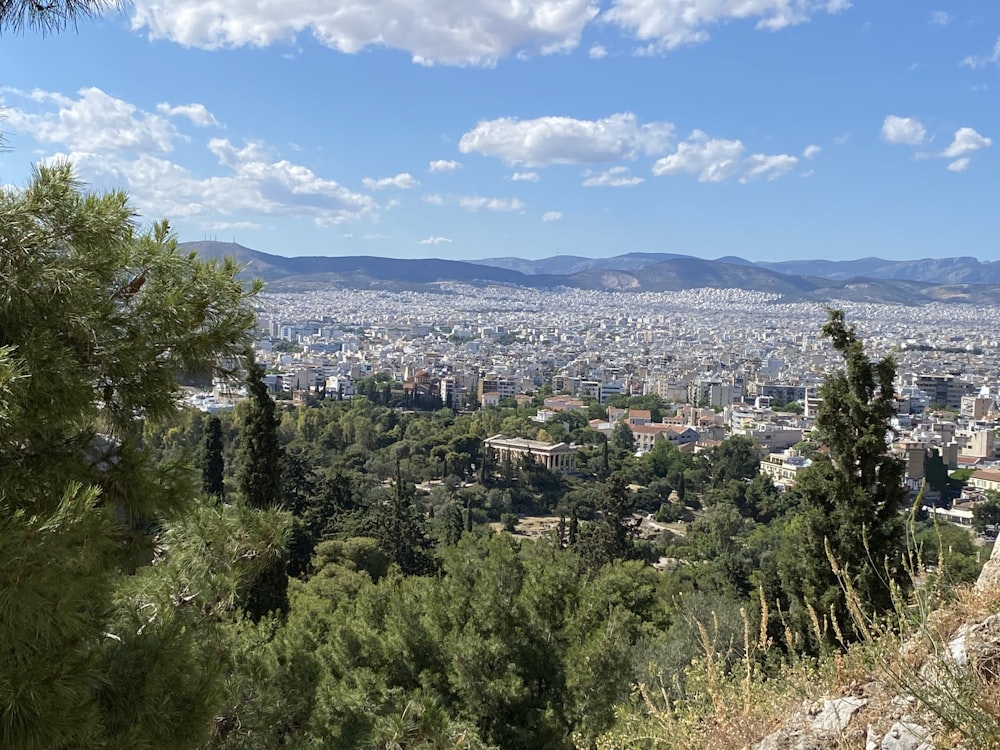 a city with trees and mountains in the background