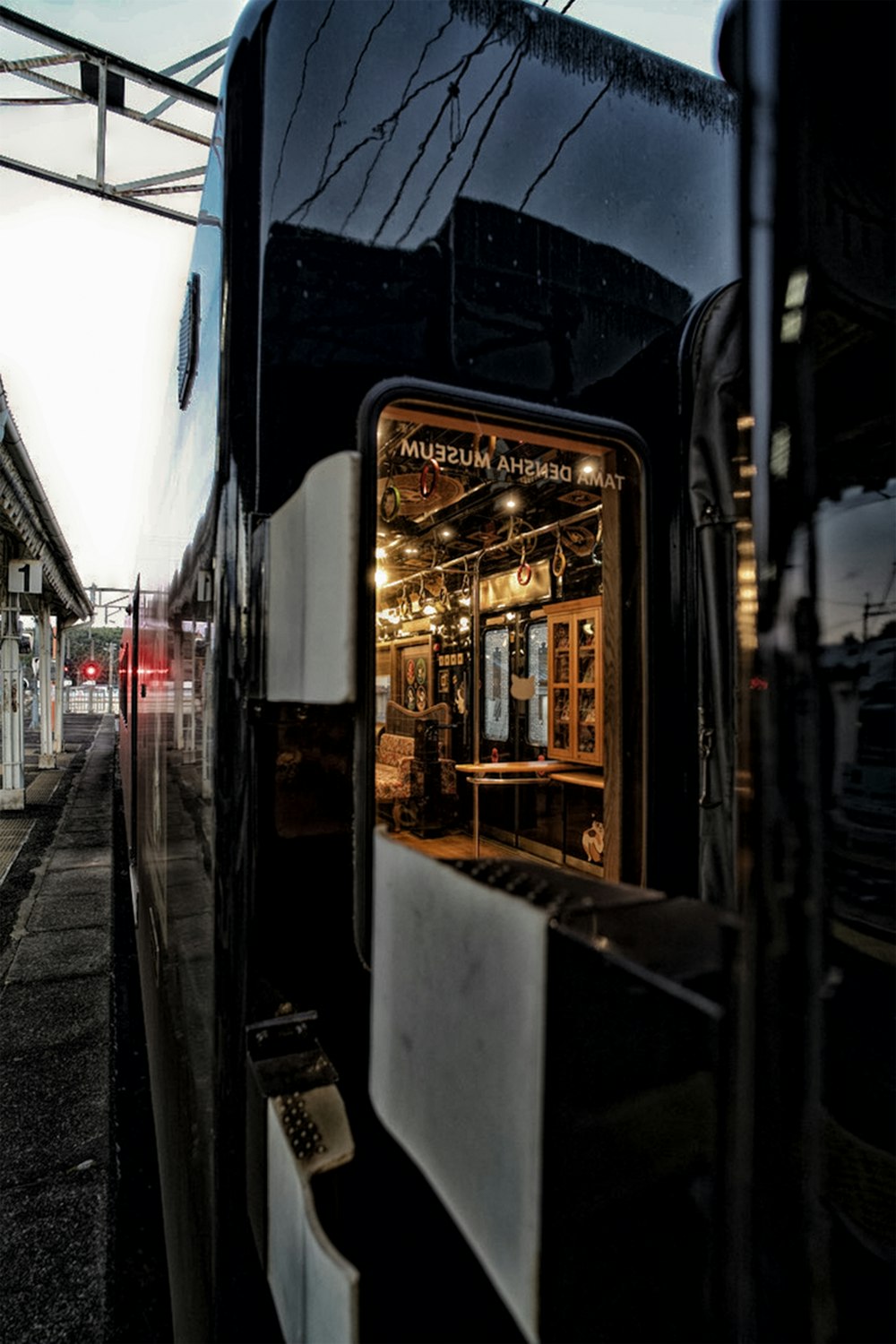 a train with a glass door