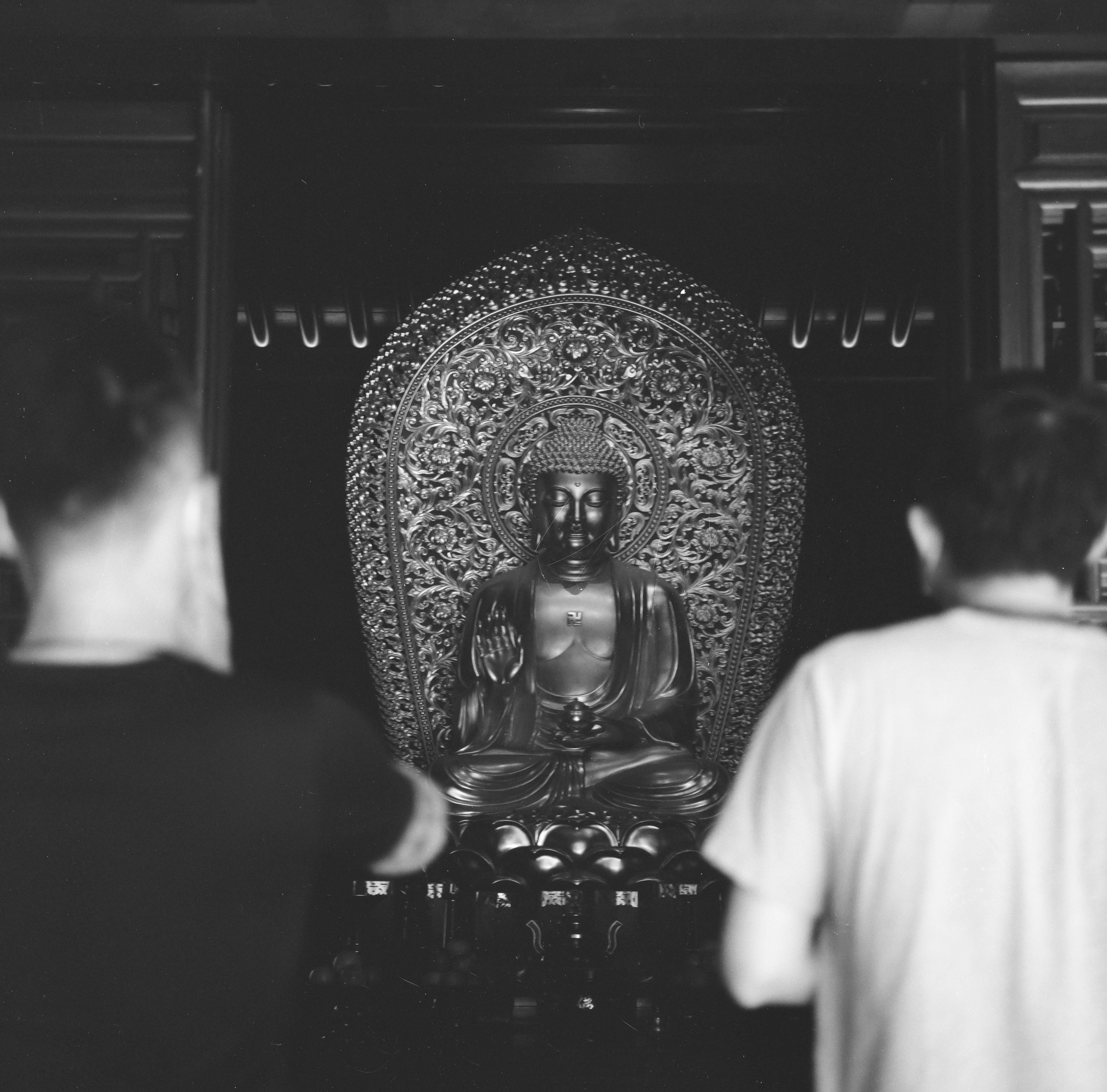 a man looking at a statue