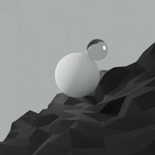 A minimal 3D sculpture showing a smooth sphere balanced atop an inverted pyramid on a cube, set against a warm beige background with soft shadows.