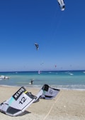 A sandy beach is shown with several kite surfers gliding over the blue ocean waves. The kites display vibrant colors against a clear, blue sky. On the shore, two kite sails rest on the sand, labeled with the word 'NEXUS'. People are visible in the water, engaging in kite surfing.