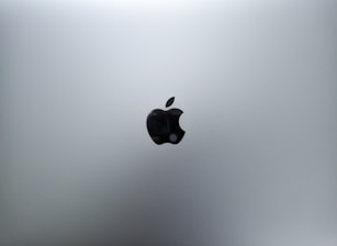 A minimalistic design featuring the iconic logo of a partially bitten apple in black, set against a sleek silver metallic background.