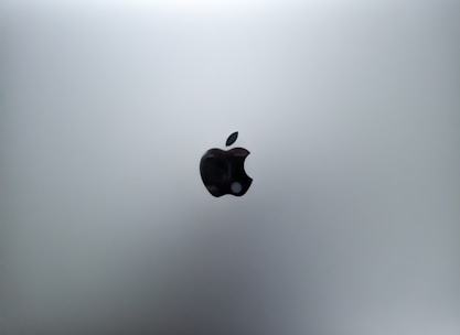 A minimalistic design featuring the iconic logo of a partially bitten apple in black, set against a sleek silver metallic background.