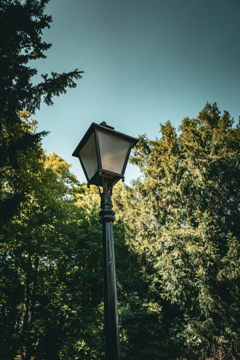 a lamp post with trees in the background