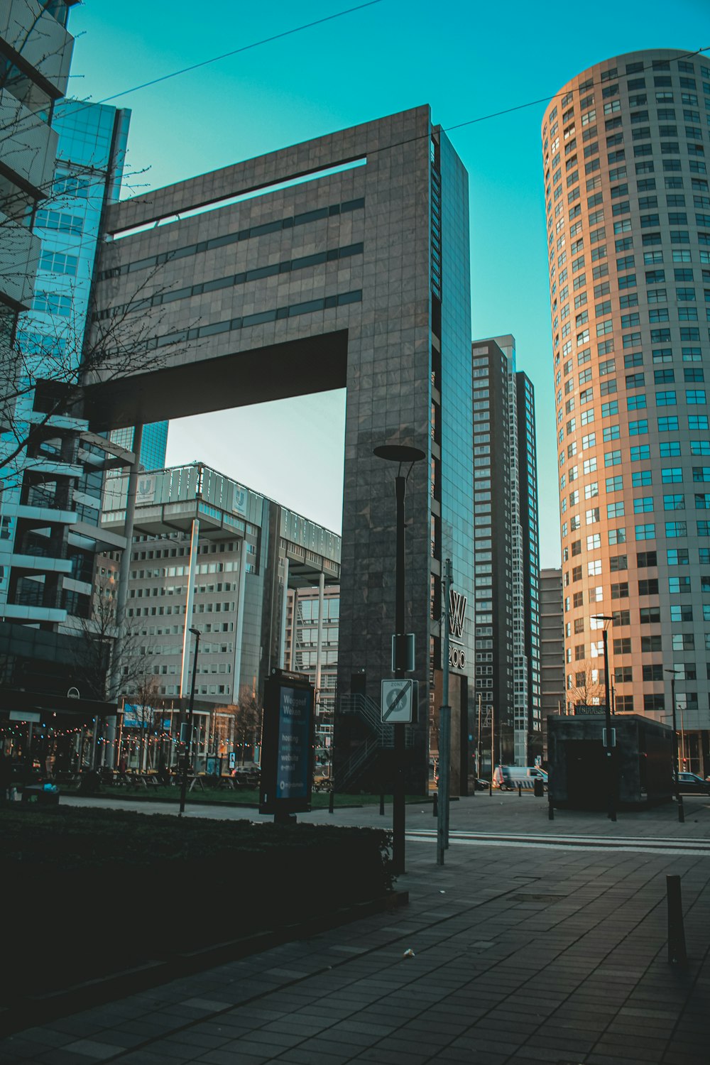 a city street with tall buildings