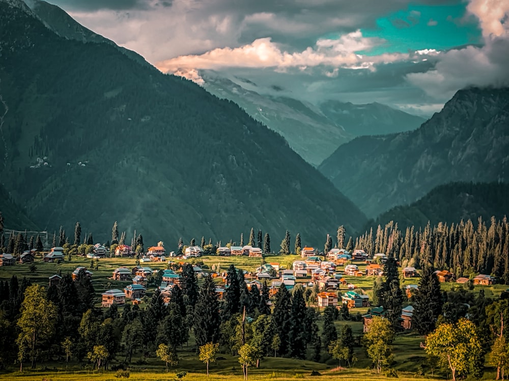 a town in the valley between mountains