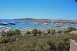 A panoramic shot of a marina filled with various boats and yachts.