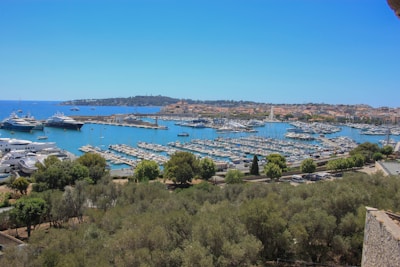 A panoramic shot of a marina filled with various boats and yachts.