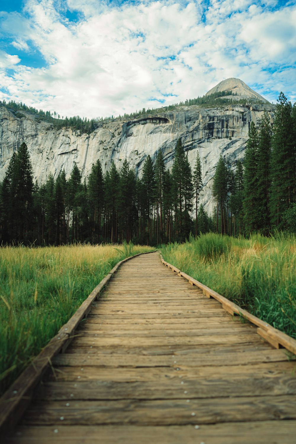 a wooden bridge leading to a mountain